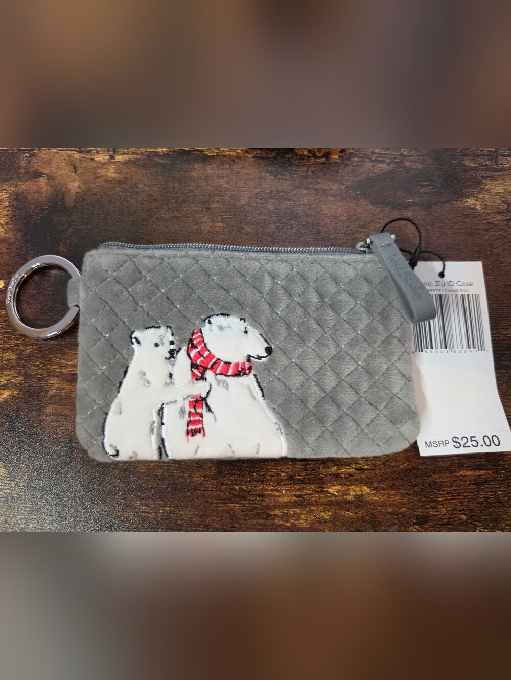 NWT Vera Bradley Quilted Gray Polar Bear Zip ID Case with Key Ring